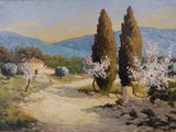 une peinture à l'huile représentant un chemin de terre avec des arbres au premier plan