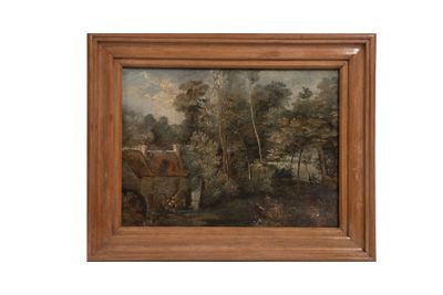 une peinture à l'huile représentant un paysage boisé avec un cheval et une charrette