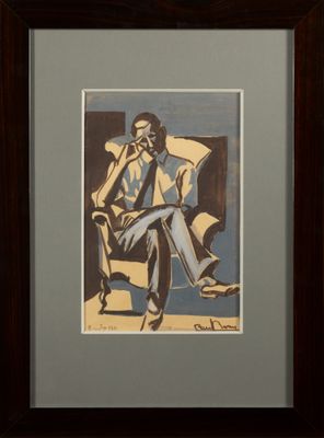 painting of a man sitting in a chair with a cigarette in his mouth