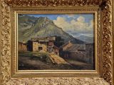 une peinture à l'huile représentant un village avec une montagne en arrière-plan