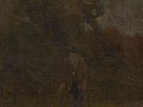 painting of a man walking down a dirt road with a horse in the distance