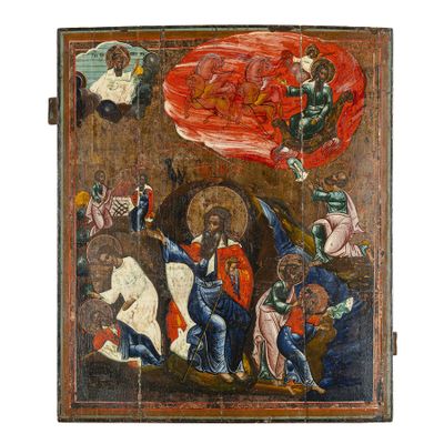 un tableau représentant un groupe de personnes dans un champ, avec une croix