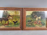 two paintings of horses and dogs are on display in a room