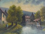 a painting of a couple of people on a boat in the water