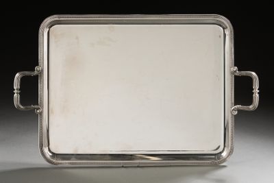 an antique silver tray with handles and handles on a white surface