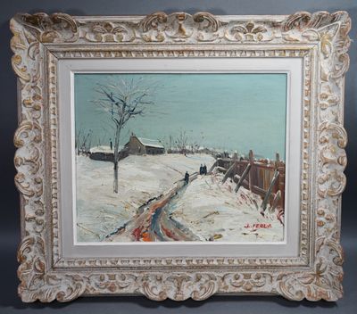 une peinture à l'huile représentant un paysage enneigé avec une maison en arrière-plan