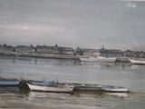 painting of boats in a harbor with buildings in the background