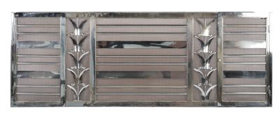 a metal door that has a glass panel on it