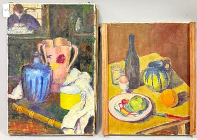 deux tableaux représentant des vases et une assiette de fruits posée sur une table