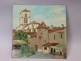 tableau représentant un tableau d'un bâtiment avec une tour horloge en arrière-plan