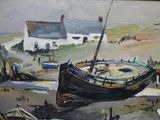 un tableau représentant un bateau sur la plage, avec une maison en arrière-plan