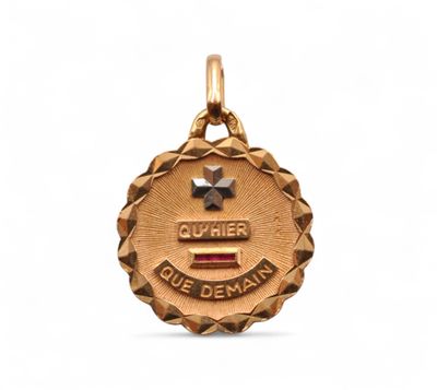 a close up of a medal on a white background