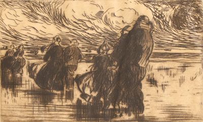 une image représentant un dessin d'un groupe de personnes marchant sur une plage