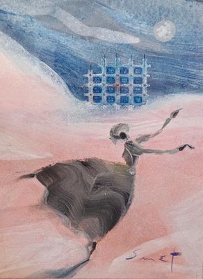 tableau représentant un homme chevauchant un taureau dans le désert, avec un château en arrière-plan