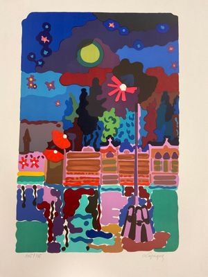 an image of a painting of people on a bridge at night