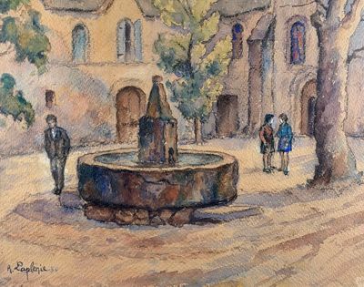 a painting of a fountain in the middle of a courtyard