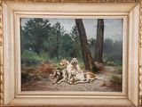 a painting of a group of dogs in a wooded area