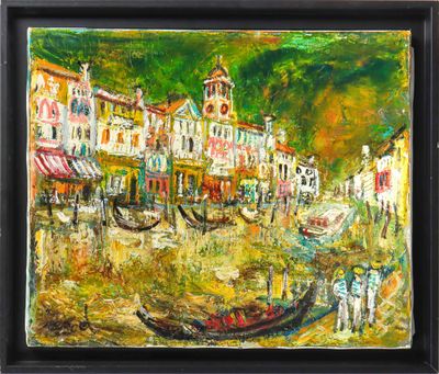 an oil painting of a city scene with boats and buildings