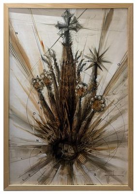 painting of a plant in a wooden frame on a white wall