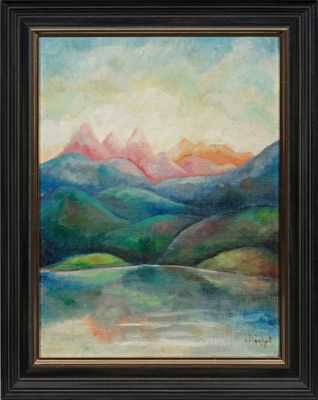 une peinture représentant une scène de montagne avec un lac au premier plan