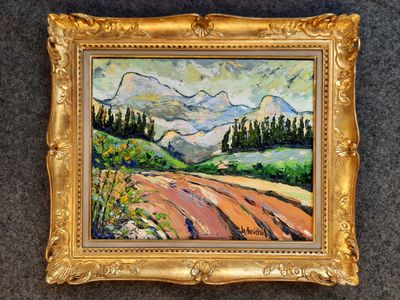 peinture d'un paysage avec des montagnes en arrière-plan