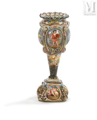 a vase that is sitting on a stand on a white surface
