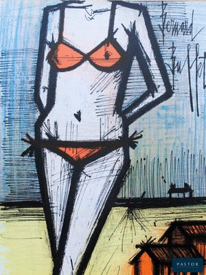 dessin représentant une femme en bikini debout devant une cabane de plage