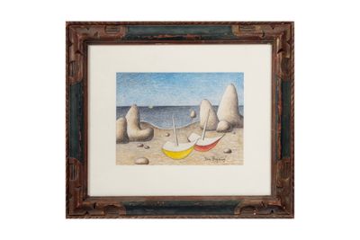 tableau représentant un bateau sur une plage, avec des rochers et un ciel bleu en arrière-plan