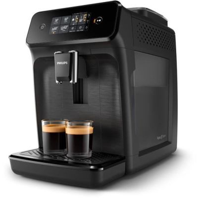 une machine à café noire avec deux tasses de café devant elle