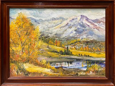 an oil painting of a mountain scene with a river in the foreground