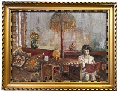 a painting of a woman sitting at a table reading a book