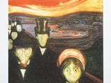 an image of a painting of a group of people standing in front of a sunset