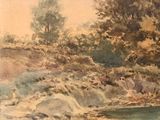 an image of a painting of a river with rocks and trees in the background