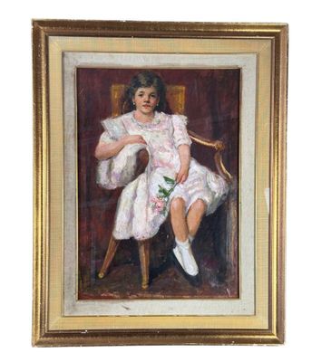 an oil painting of a woman in a white dress sitting on a chair