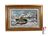 framed picture of a painting of a boat on a snowy river