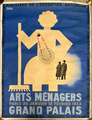 an old poster of a woman holding a cane with a man standing next to her