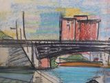 drawing of a bridge over a river with a boat in the foreground