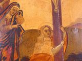 an image of a painting of jesus on the cross with a woman