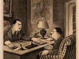 a drawing of a man sitting at a desk talking to another man
