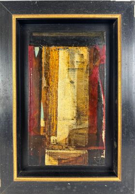 une peinture à l'huile représentant un cadre noir avec un tableau jaune et rouge