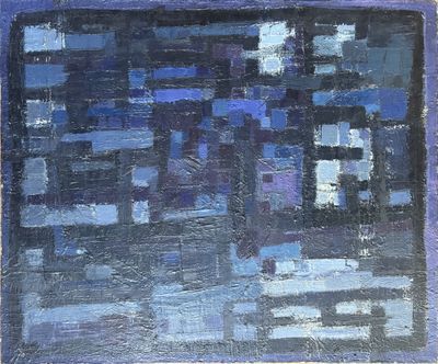 an oil painting of a cityscape with a blue sky in the background