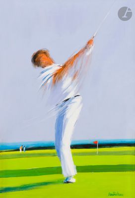 tableau représentant un homme en train de frapper une balle de golf avec un club de golf en arrière-plan