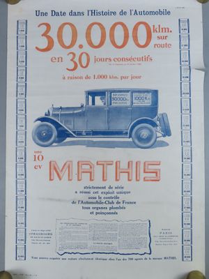 une vieille affiche représentant une voiture bleue avec des chiffres dessus