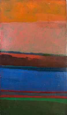 an abstract painting of a red, green, blue, and orange landscape