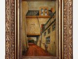une peinture à l'huile représentant le couloir d'une maison, avec un chat assis par terre