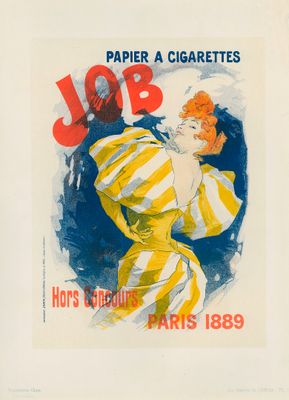 an old poster of a woman smoking a cigarette in front of a blue background