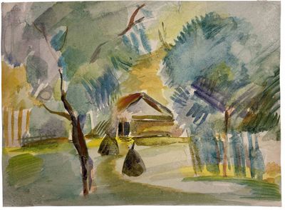 une aquarelle représentant une maison dans les bois