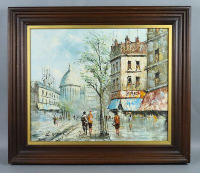 a painting of a street scene with people walking down the street
