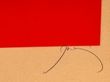a red piece of paper with a string attached to it