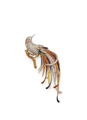 a diamond, enamel and enamel bird broochle